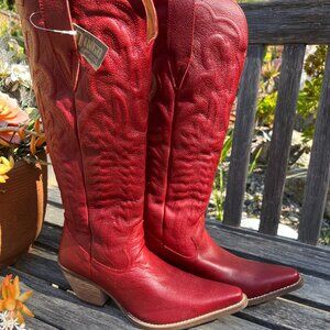 Dingo High Cotton Brand New Red Leather Tall Boots, Size 9